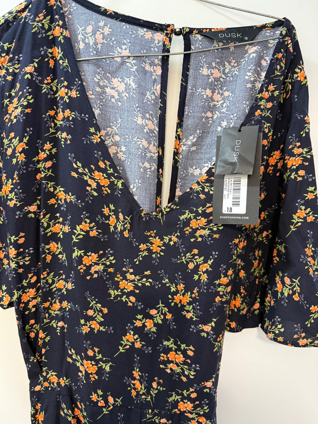 Navy Floral Dress - V-Neck Short Sleeve Midi Dress
