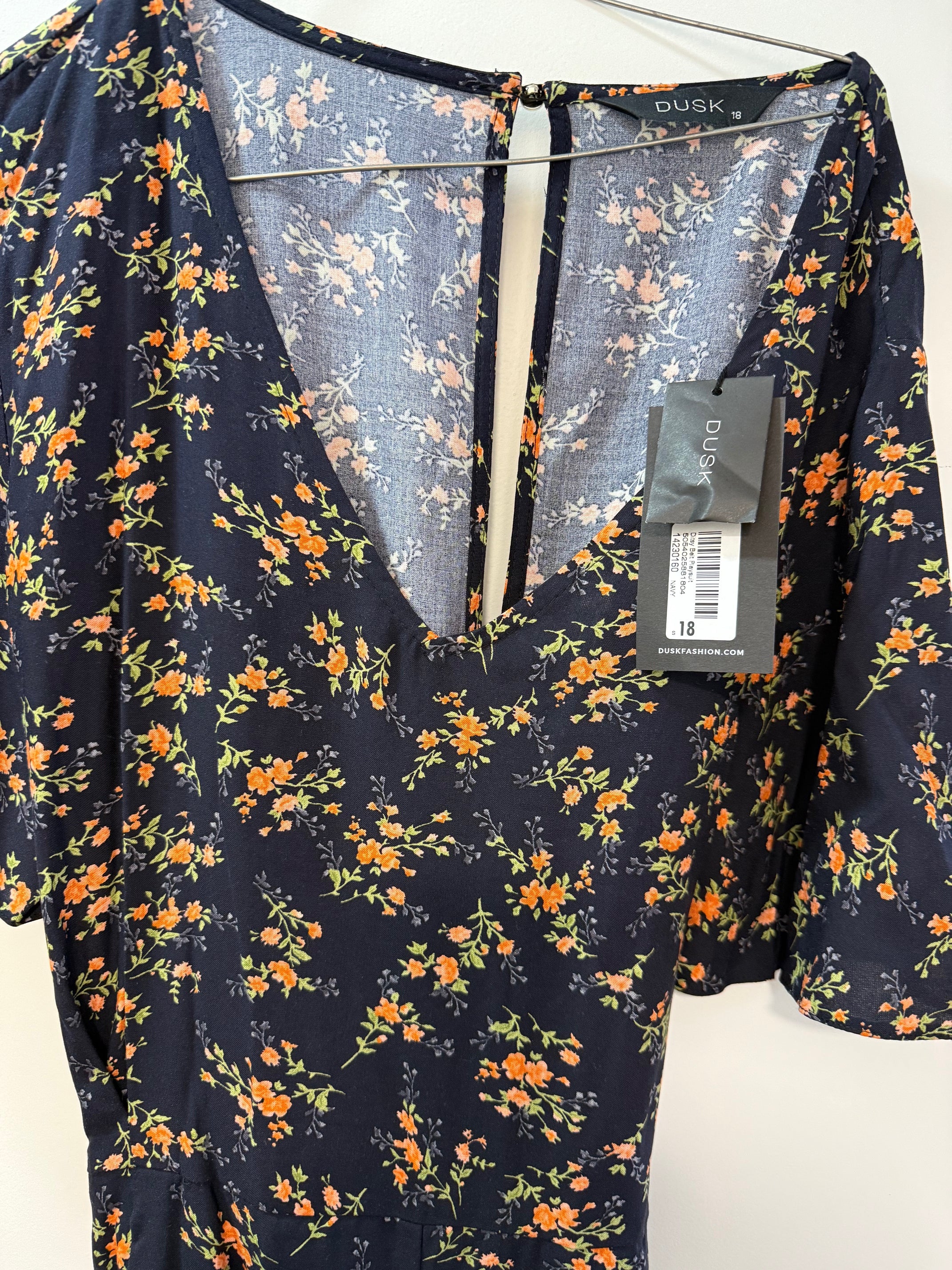Navy Floral Dress - V-Neck Short Sleeve Midi Dress