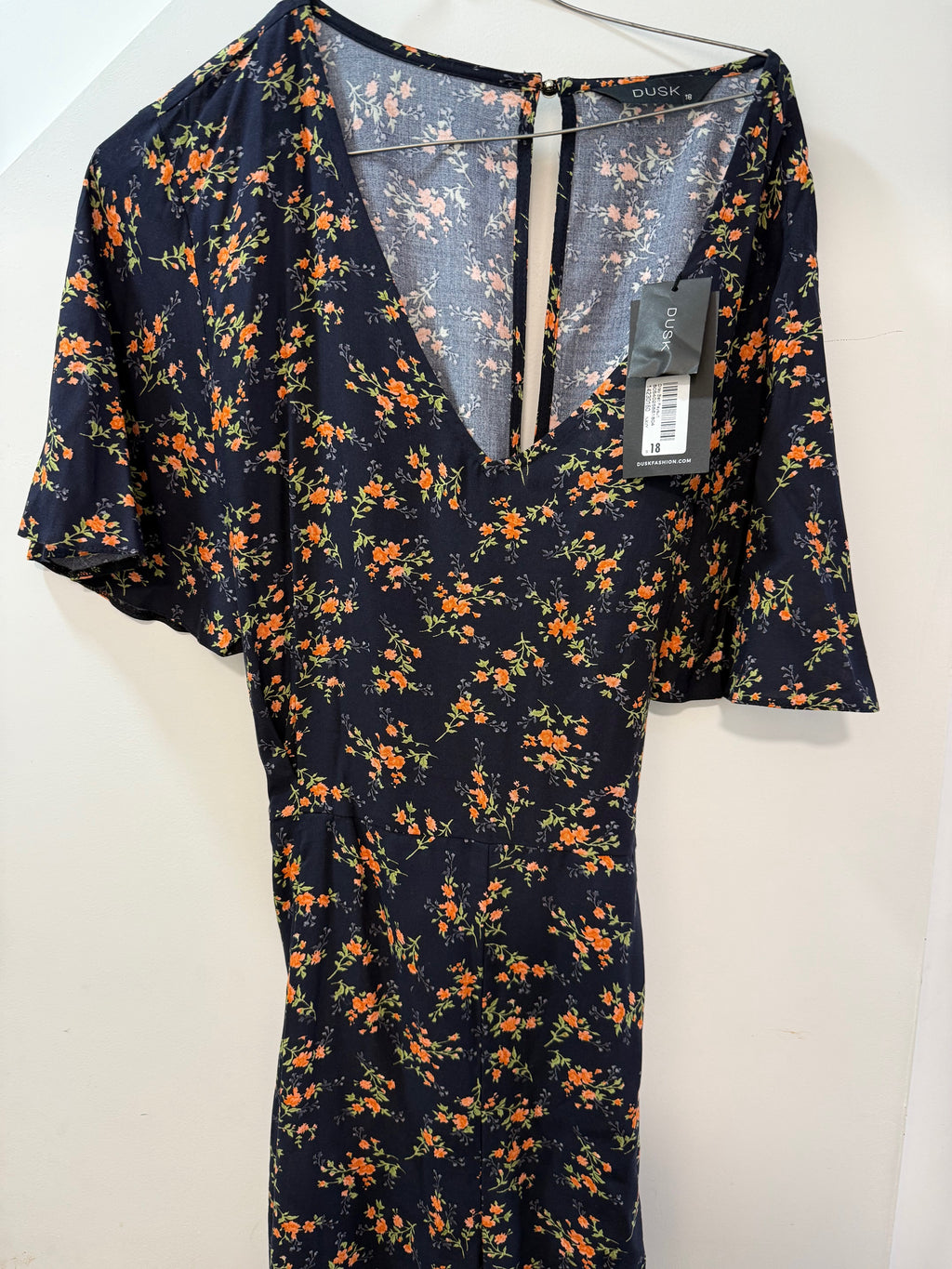 Navy Floral Dress - V-Neck Short Sleeve Midi Dress