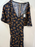 Navy Floral Dress - V-Neck Short Sleeve Midi Dress