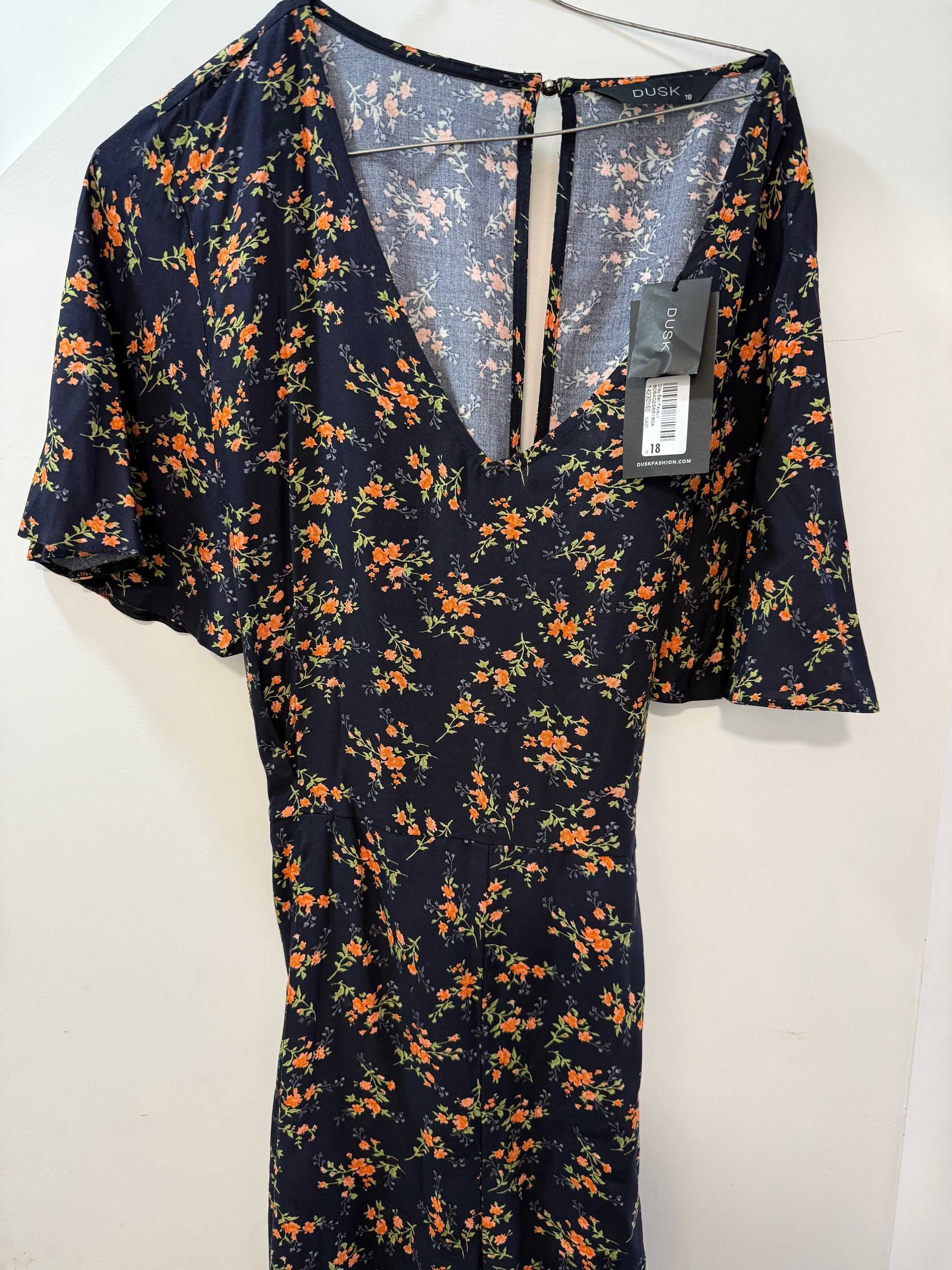 Navy Floral Dress - V-Neck Short Sleeve Midi Dress