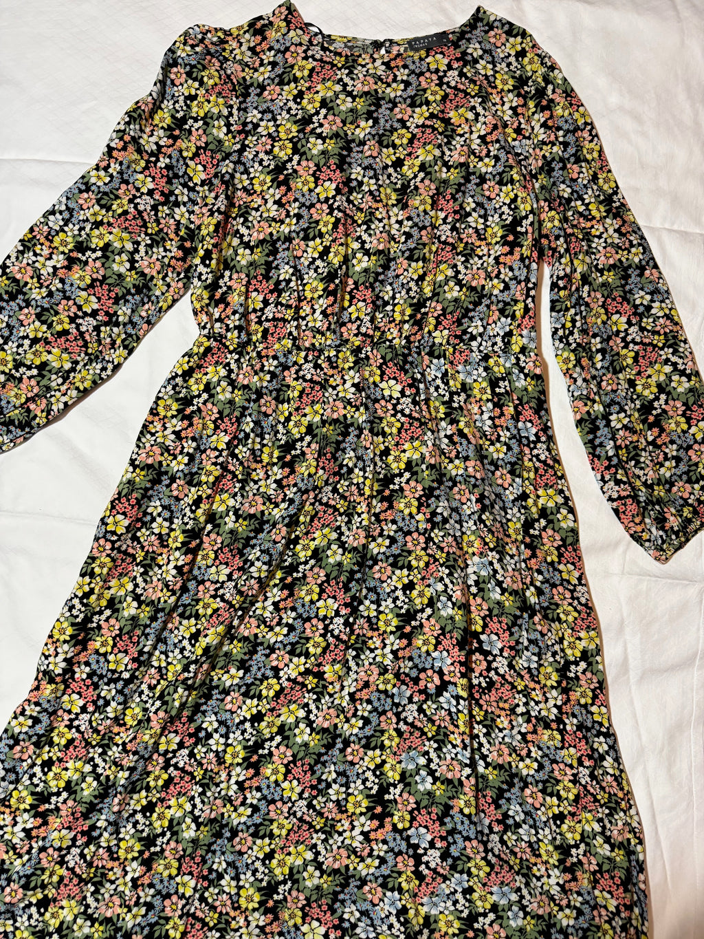 Zara Black Floral Print Midi Dress - Long Sleeve