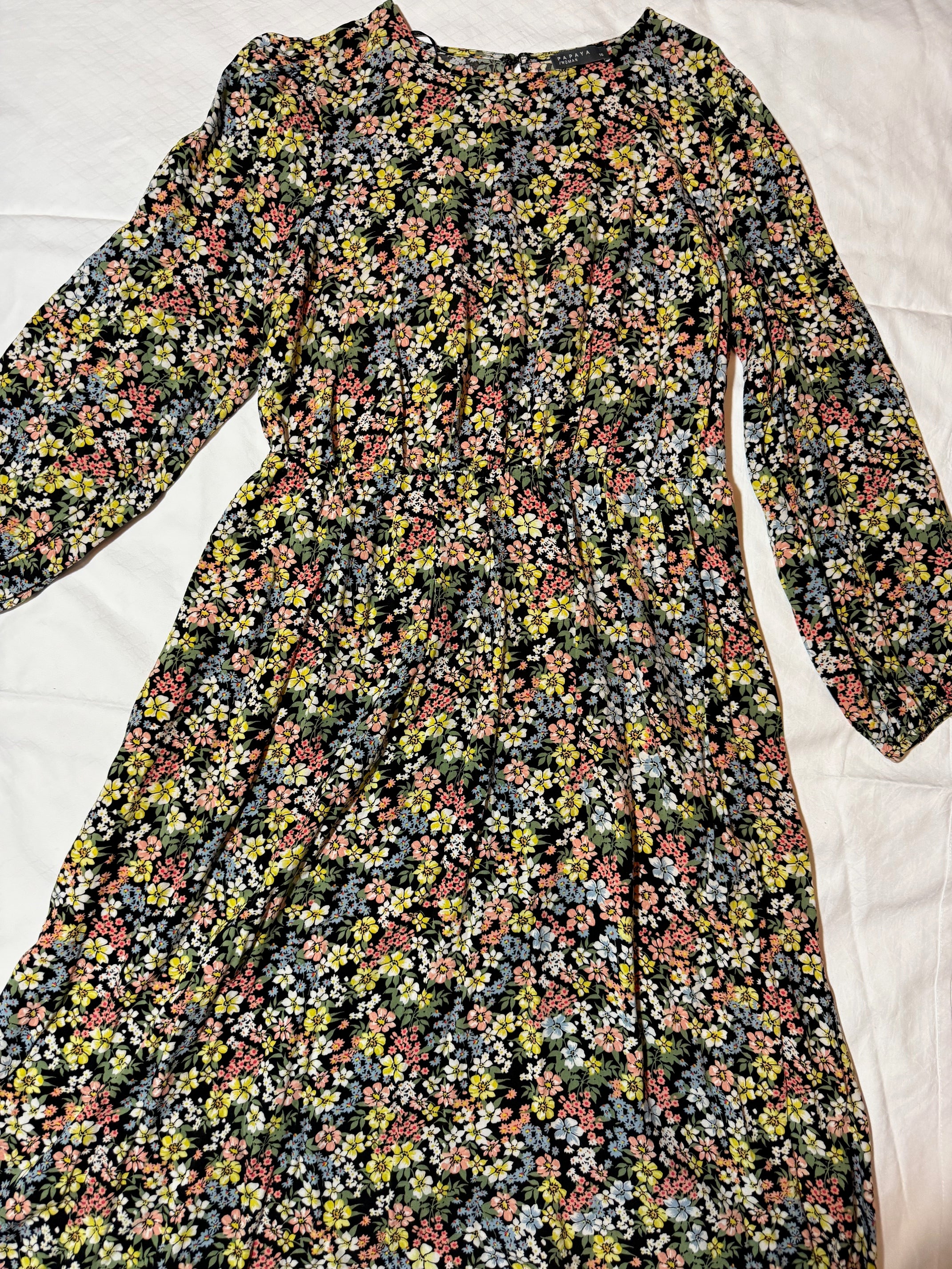 Zara Black Floral Print Midi Dress - Long Sleeve