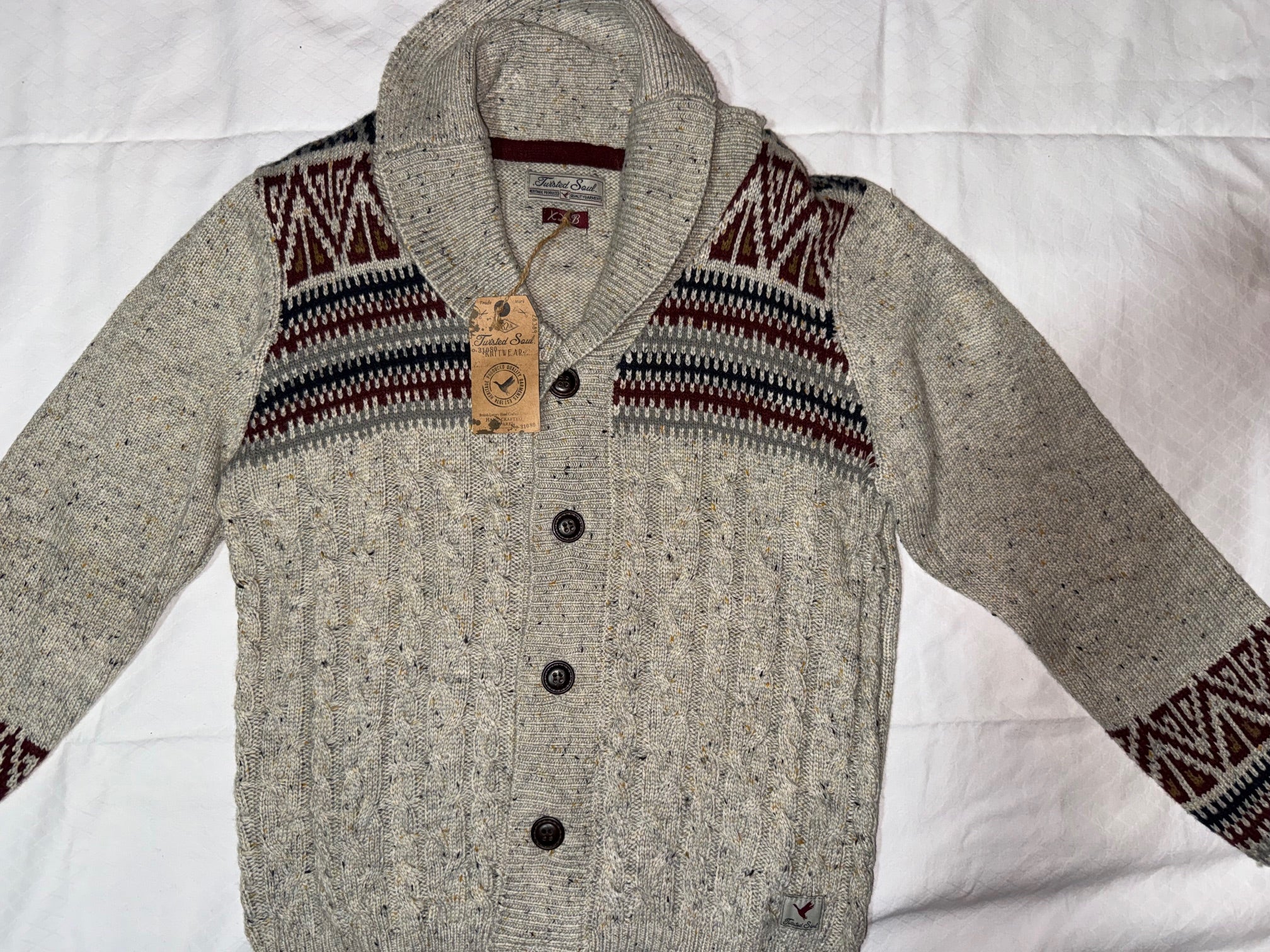 Men's Cable Knit Cardigan - Beige with Fair Isle Pattern