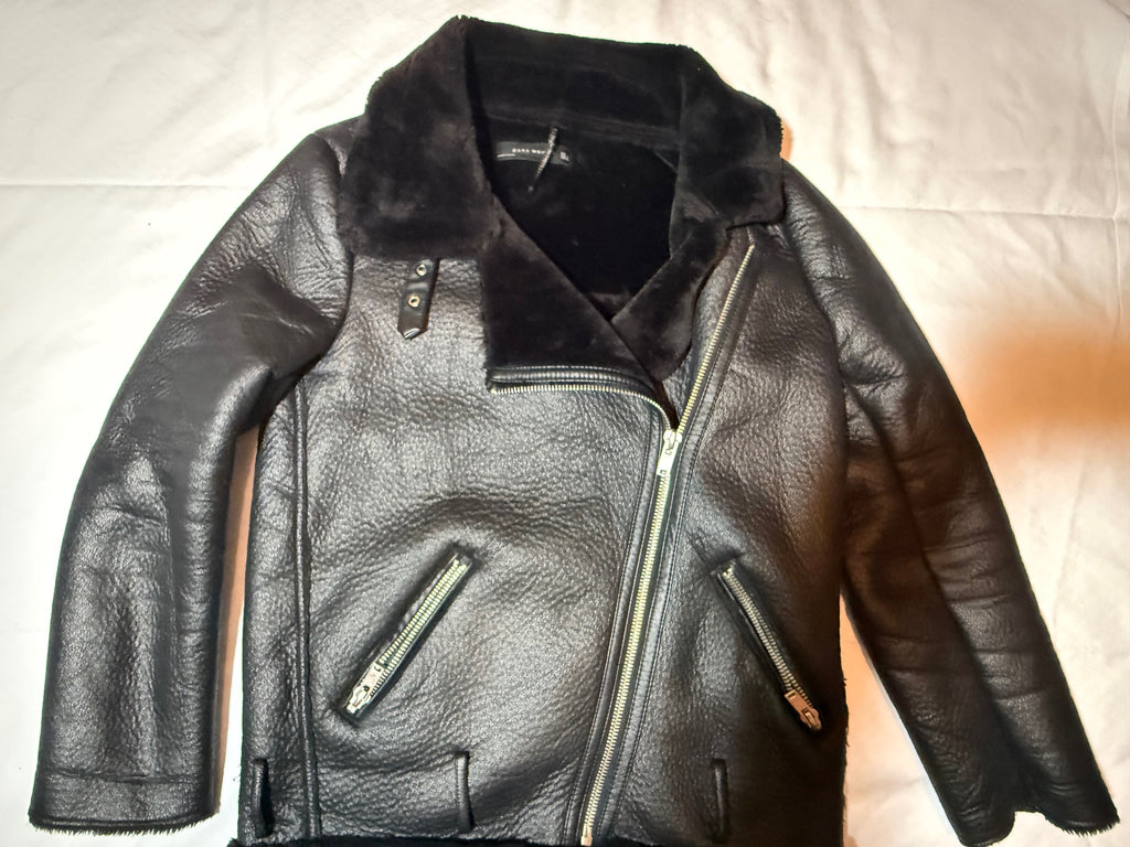 Zara Woman Black Leather Aviator Jacket with Faux Fur Collar