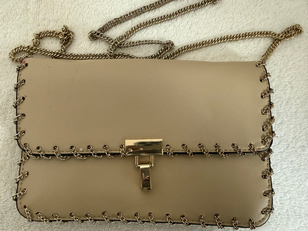 Beige Leather Clutch Bag with Gold Chain Trim