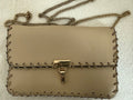 Beige Leather Clutch Bag with Gold Chain Trim