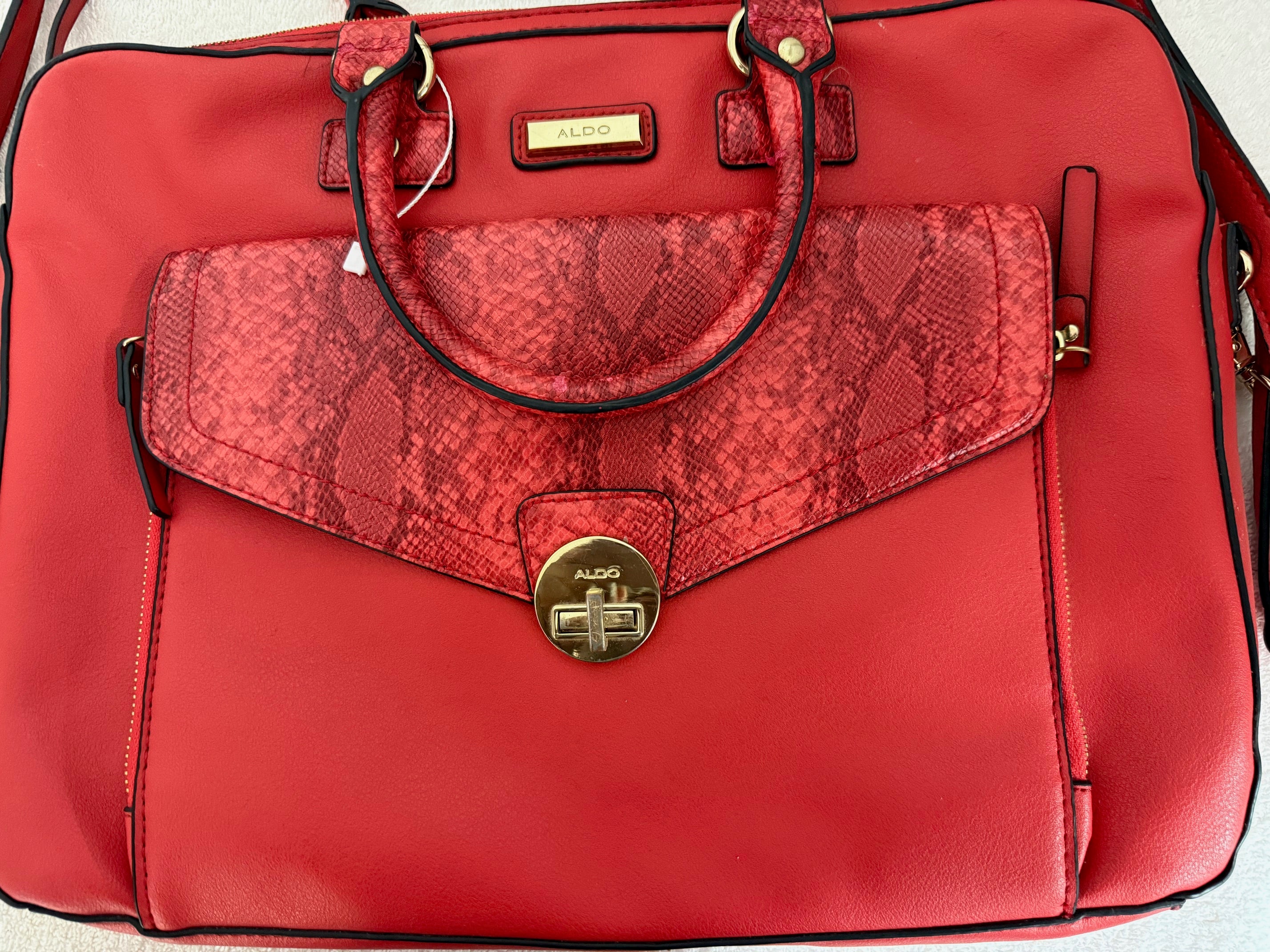 Aldo Red Handbag with Snake Print Detail - Designer Tote Bag