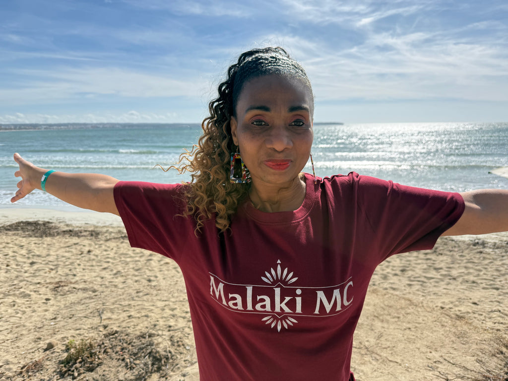 Malaki MC Women's Burgundy T-Shirt - White Logo, beach lifestyle shot