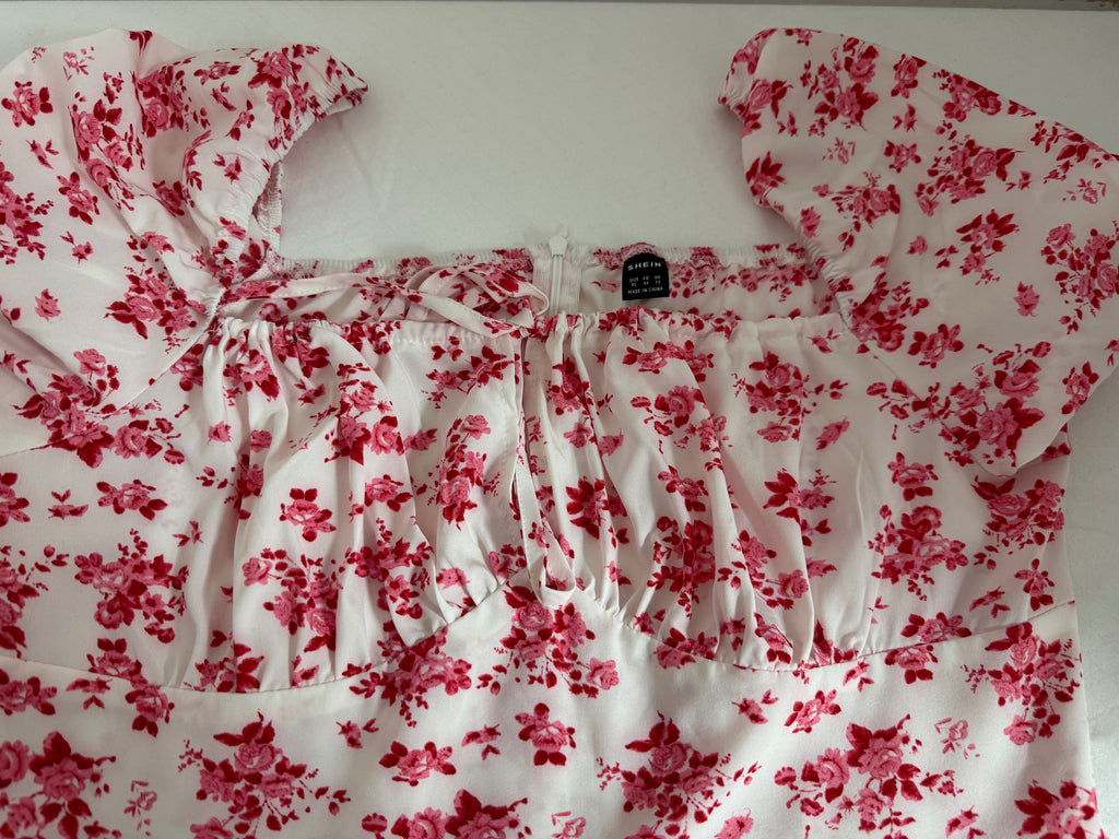 Shein Floral Print Puff Sleeve Dress - White & Pink