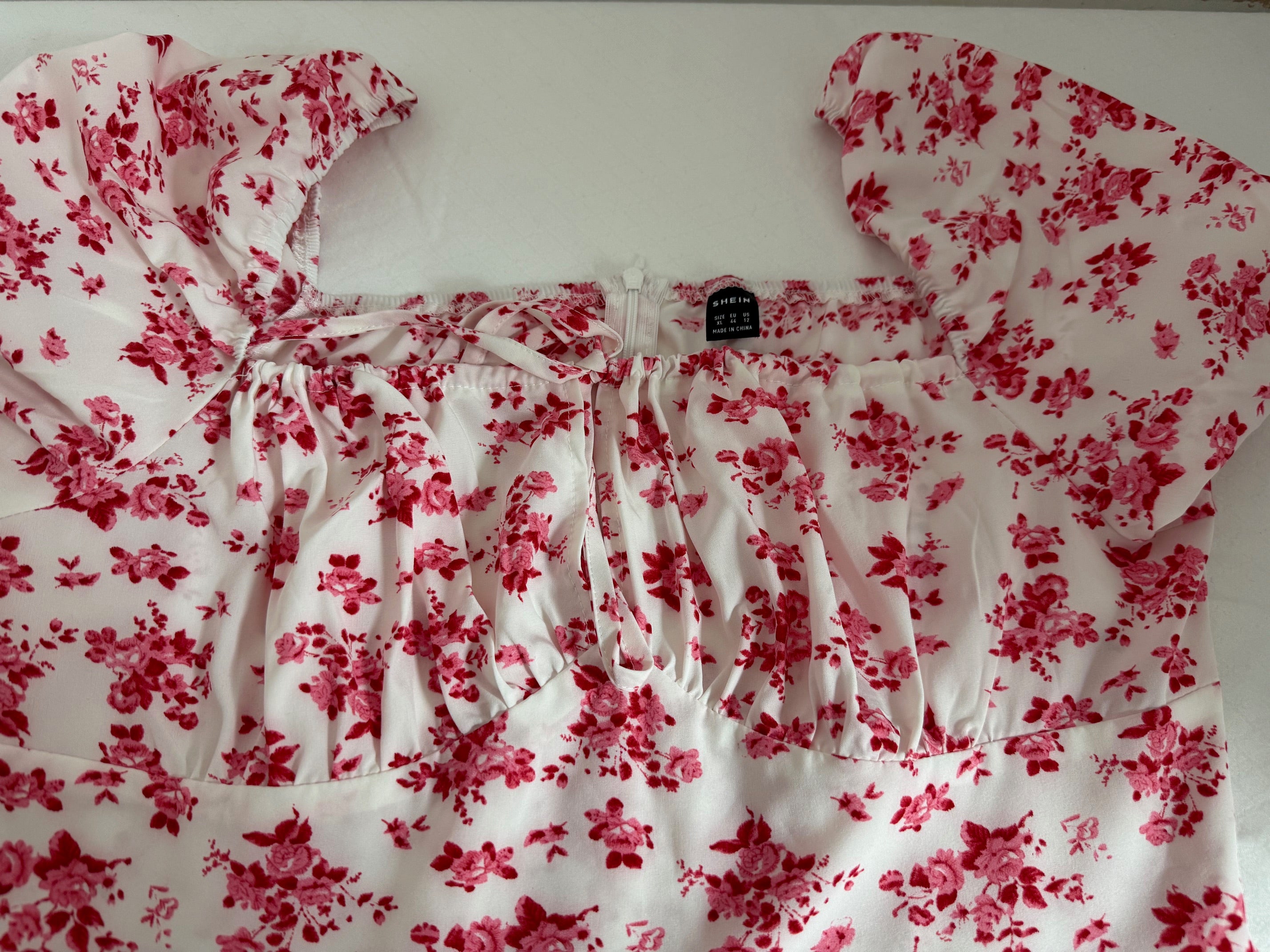 Shein Floral Print Puff Sleeve Dress - White & Pink