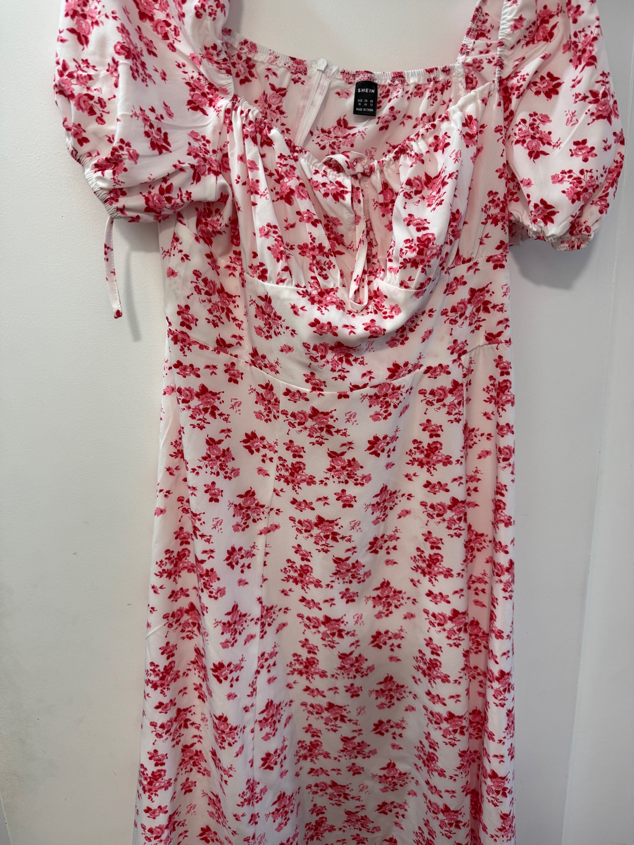 Shein Floral Print Puff Sleeve Dress - White & Pink