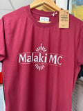 Malaki MC burgundy t-shirt on hanger with branded tag showing logo detail